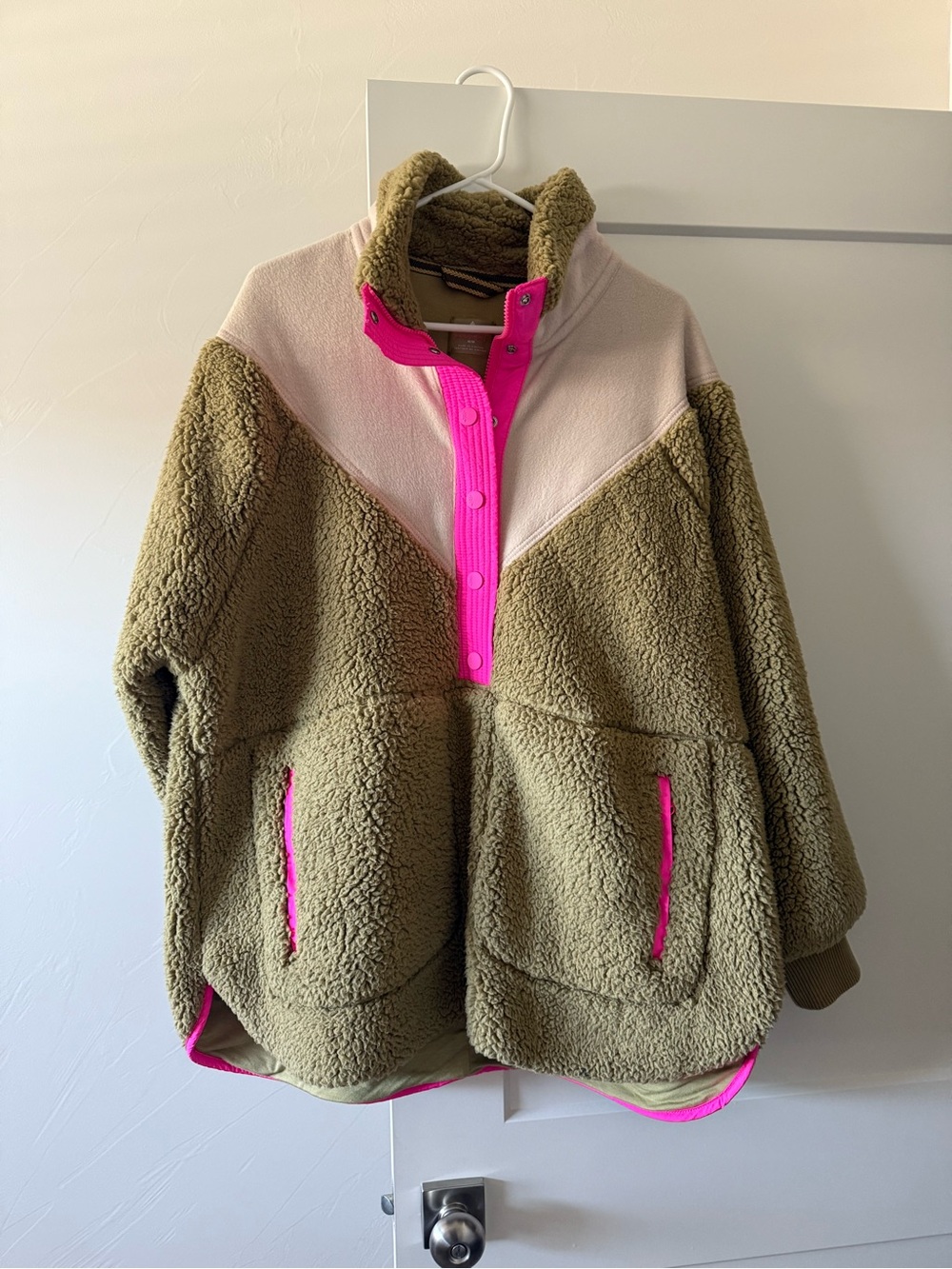 Free People Olive Sherpa Pullover with Pink Accents